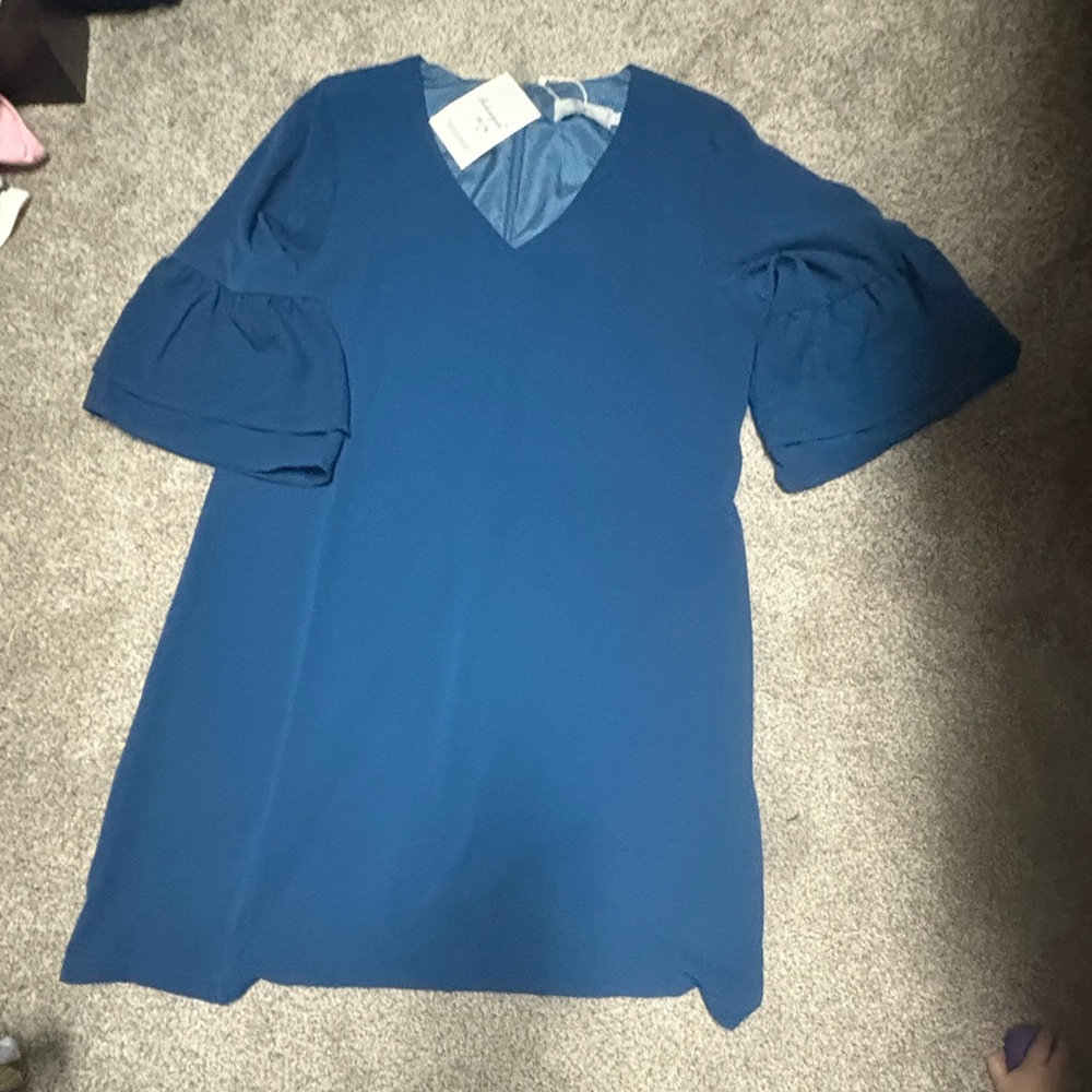 Blue V-Neck Dress with Ruffled Sleeves